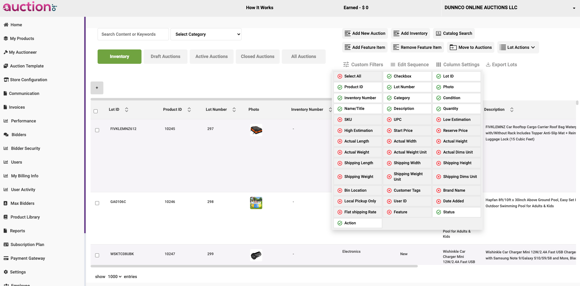 screenshot of Auction Software